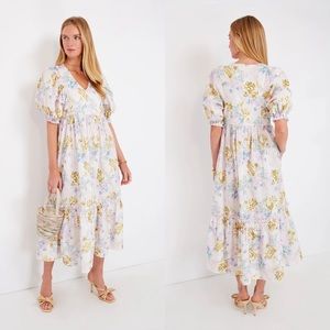 Hunter Bell Palmer Dress Size Small Iris Bloom Floral Printed Puff Sleeve Midi
